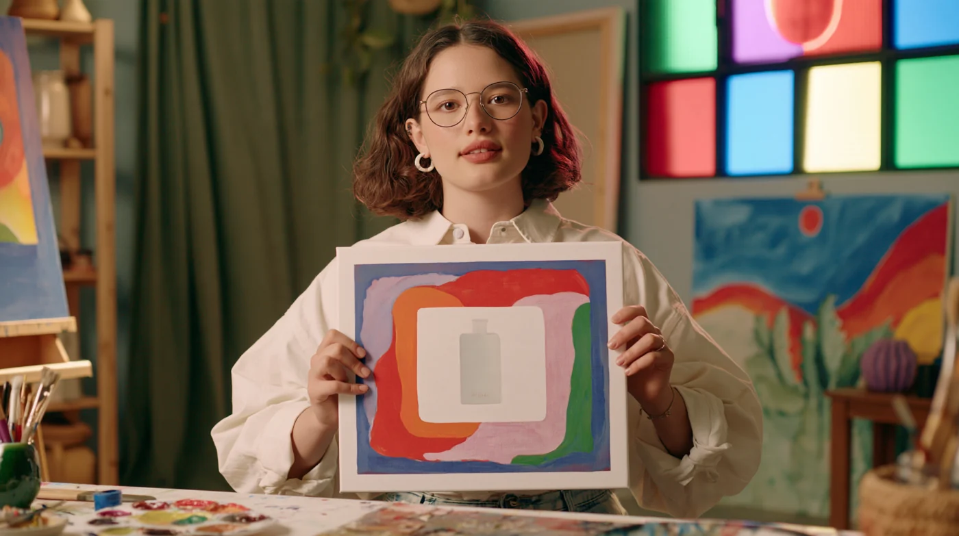Artist holding her work in a sunlit studio